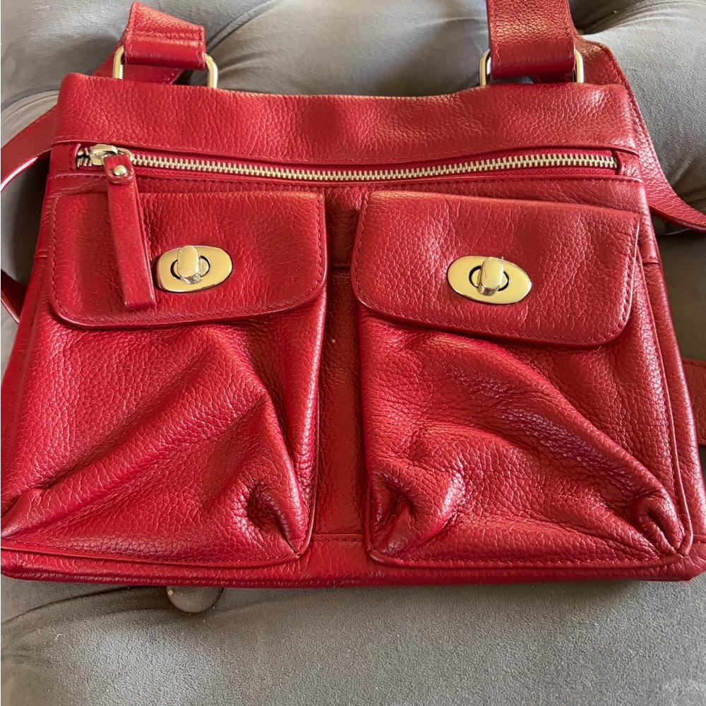 Roots Red Leather Crossbody Bag with Gold Hardware